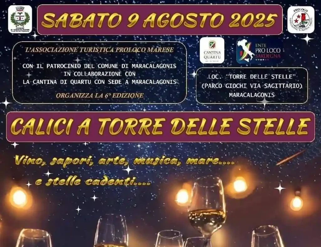 Calici a Torre delle Stelle 2025, manifesto con data, programma e orari eventi e degustazioni | In Sardegna con Dani