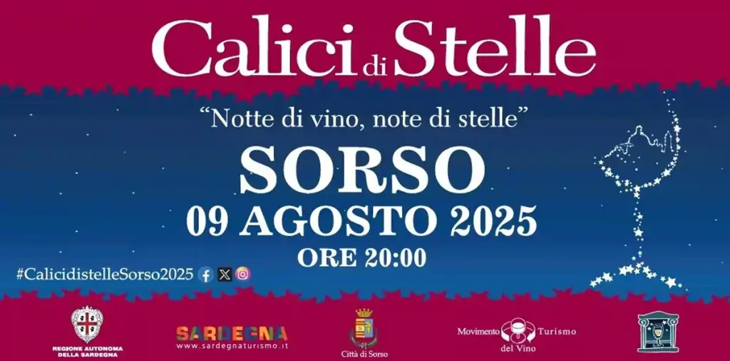 Calici di stelle Sorso 2025, manifesto con data, programma, orari e costo degustazioni | In Sardegna con Dani