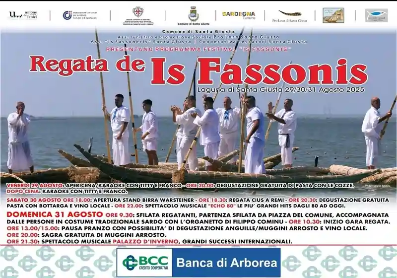 Regata de is fassonis 2025 a Santa Giusta, manifesto con date, programma e orari sagre ed eventi | In Sardegna con Dani