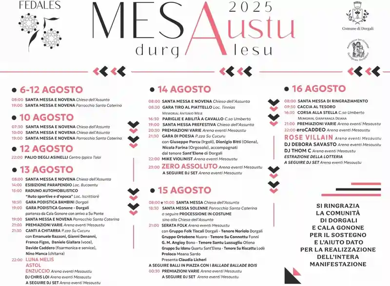 Measustu Durgalesu 2025, manifesto con date, programma e orari degli eventi di Dorgali | In Sardegna con Dani
