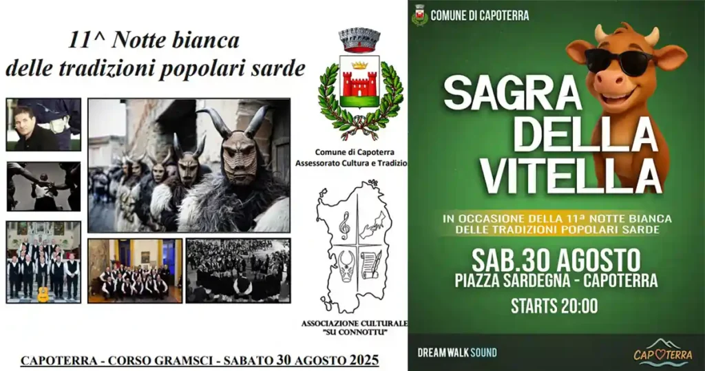 Notte Bianca delle tradizioni popolari Capoterra 2025, manifesto con data, programma e orari eventi | In Sardegna con Dani