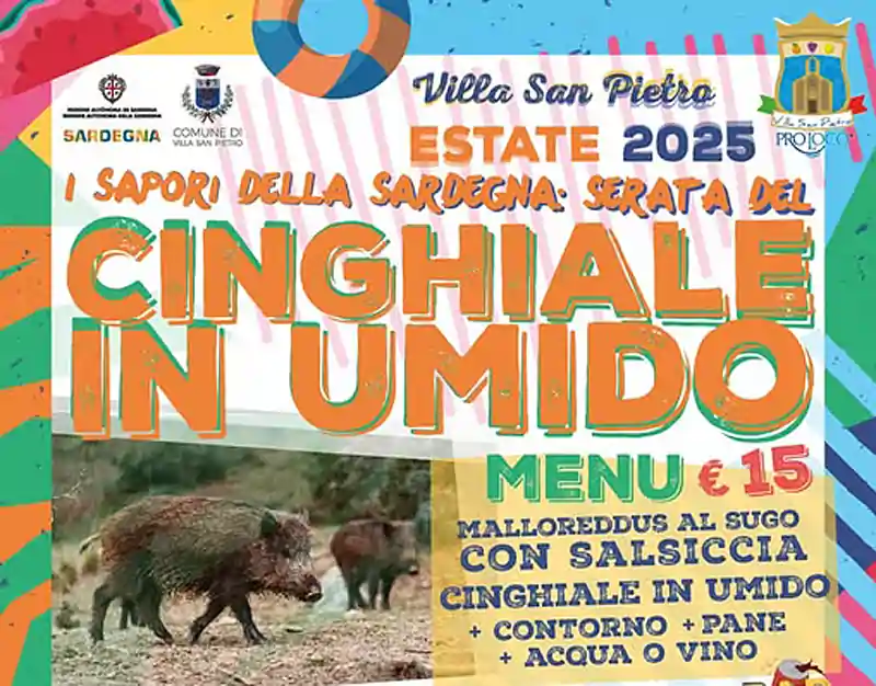 Sagra del cinghiale 2025 a Villa San Pietro, manifesto con data, programma, orari e prezzi | In Sardegna con Dani