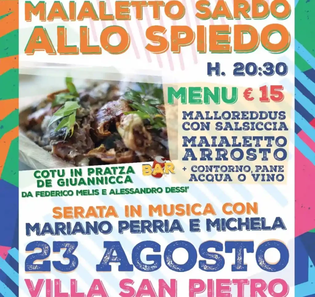 Sagra del maialetto agosto 2025 a Villa San Pietro, manifesto con data, programma e orari degustazione | In Sardegna con Dani