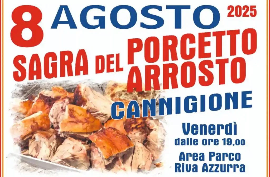 Sagra del porcetto arrosto Cannigione 2025, manifesto con data, programma e orari | In Sardegna con Dani