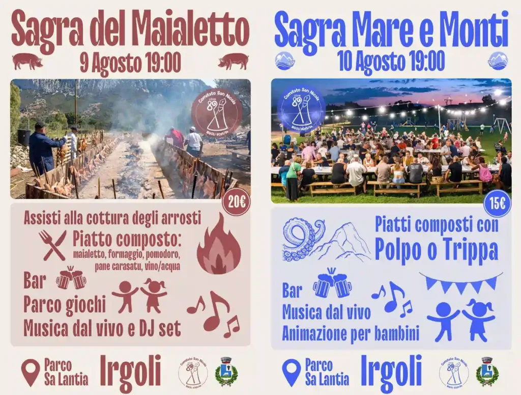 Sagre weekend 9 e 10 agosto 2025 a Irgoli, manifesto con data, programma, menù e orari | In Sardegna con Dani