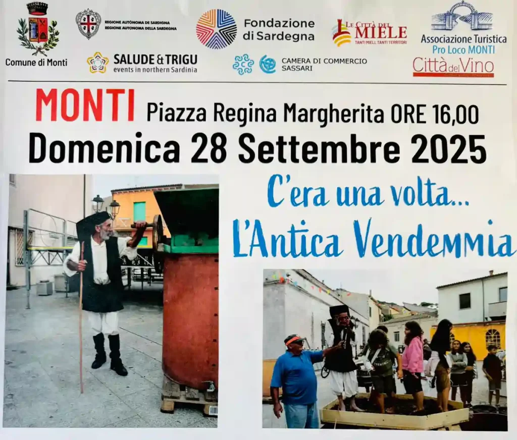C'era una volta l'antica vendemmia Monti, 2025, manifesto con data, programma e orari eventi | In Sardegna con Dani