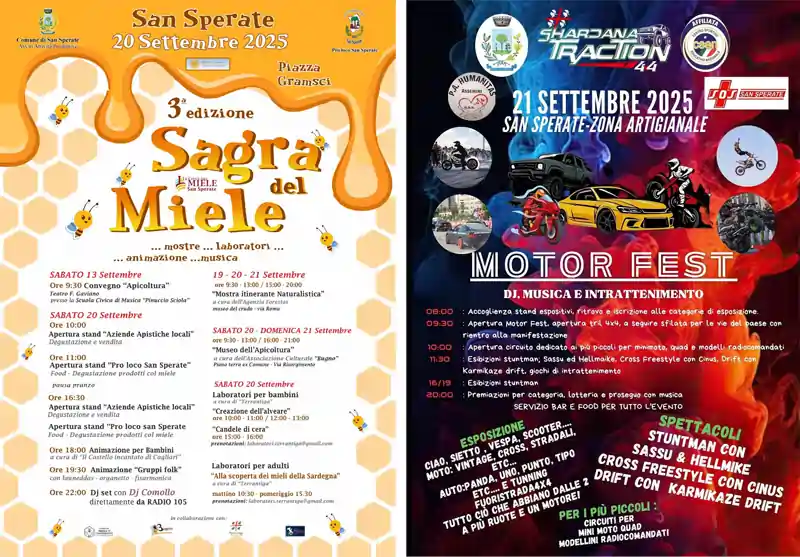 Sagra del miele e motor show a San Sperate, manifesti con date, programma e orari eventi | In Sardegna con Dani