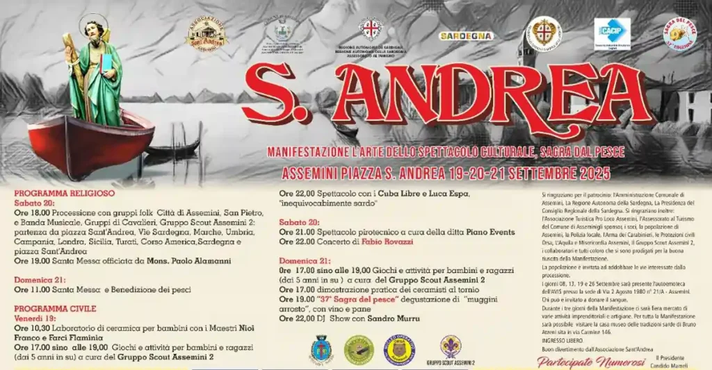 Festa di Sant'Andrea Assemini 2025, manifesto con date, programma e orari eventi | In Sardegna con Dani