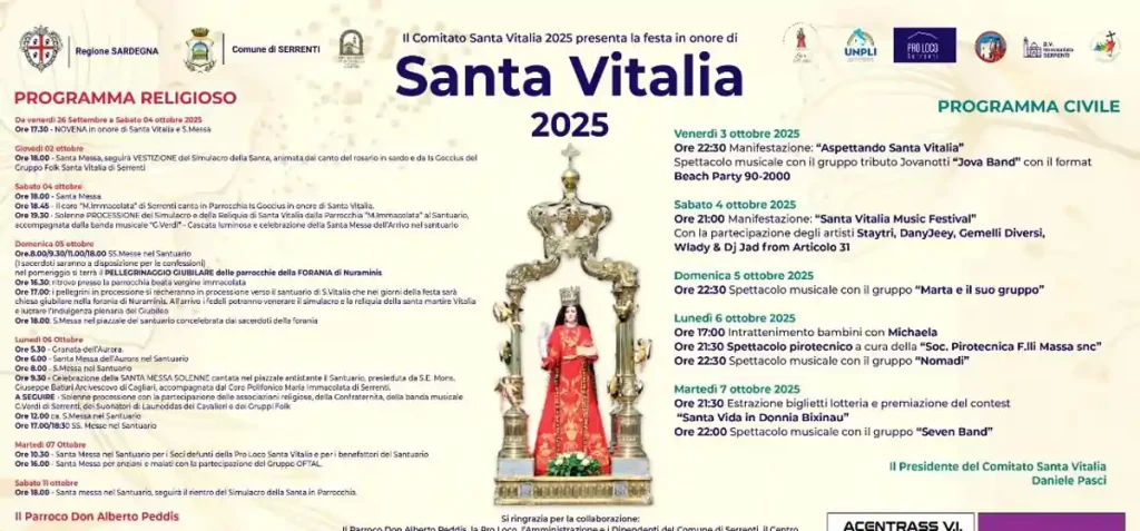Santa Vitalia Serrenti 2025, manifesto con date, programma religioso e civile, orari eventi | In Sardegna con Dani