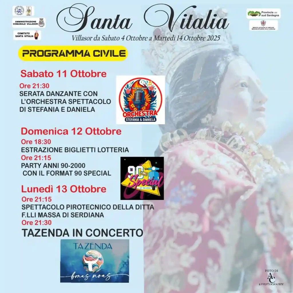 Festa di Santa Vitalia Villasor 2025, manifesto con date, programma e orari eventi | In Sardegna con Dani