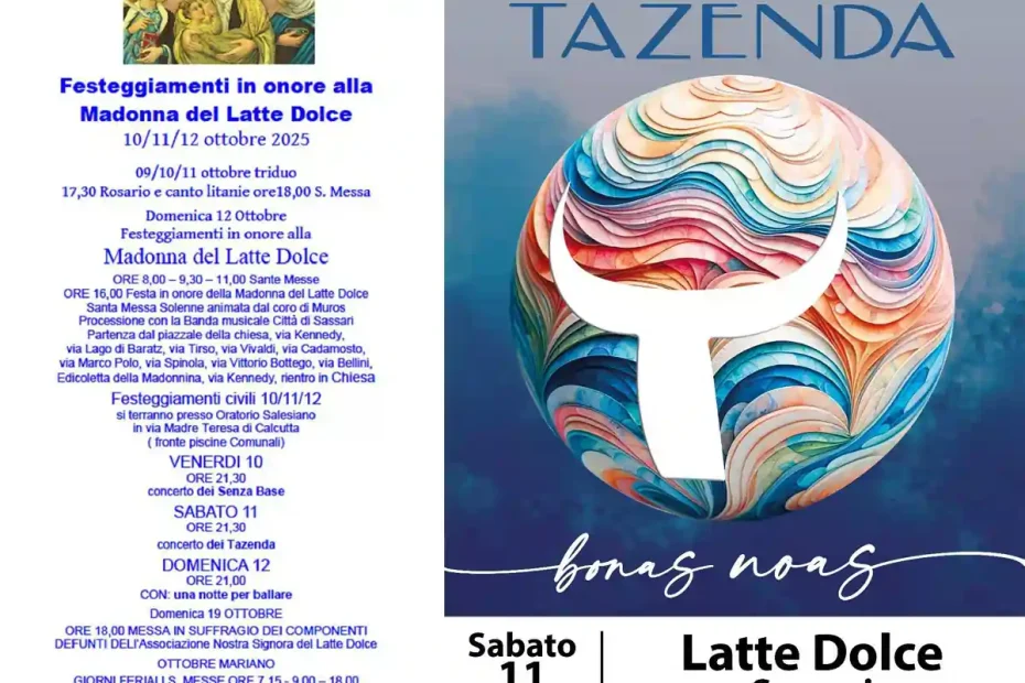 Festa Madonna Latte Dolce Sassari 2025, manifesto con date, programma e orari eventi e concerti | In Sardegna con Dani