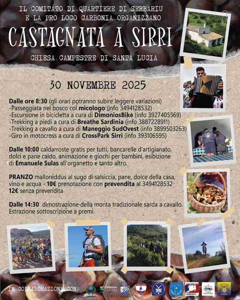 Castagna a Sirri (Carbonia) 2025, manifesto e programma pranzo ed escursioni | In Sardegna con Dani
