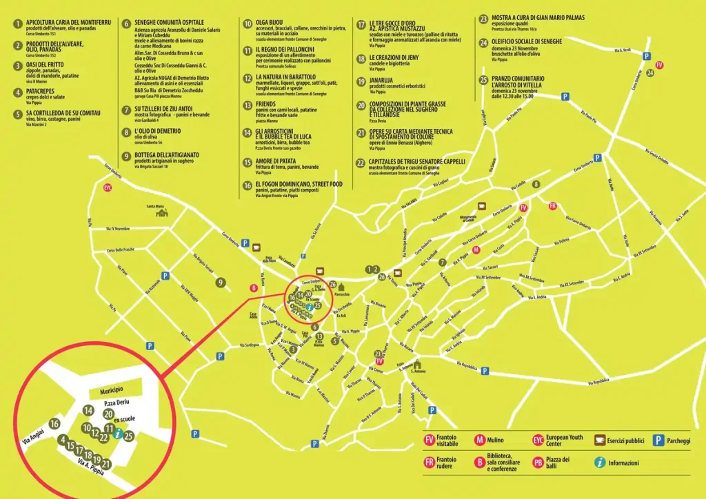 Mappa stand e punti ristoro per Prentzas Apertas 2025 a Seneghe | In Sardegna con Dani