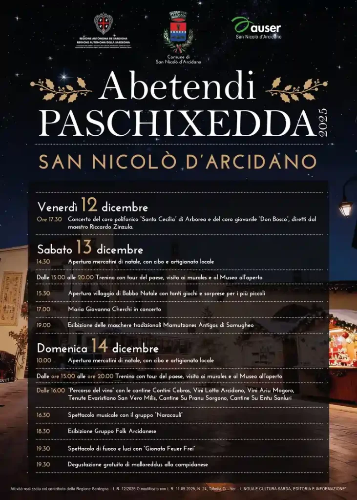 Abetendi Paschixedda 2025 a San Nicolò d'Arcidano, manifesto con programma, date e orari eventi | In Sardegna con Dani