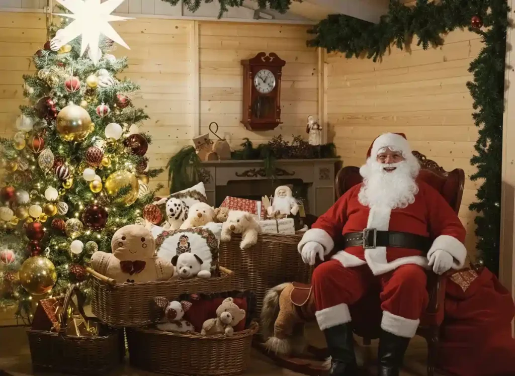 Eventi Natale Sassari 2025, particolare di Babbo Natale vicino all'albero e ai regali | In Sardegna con Dani