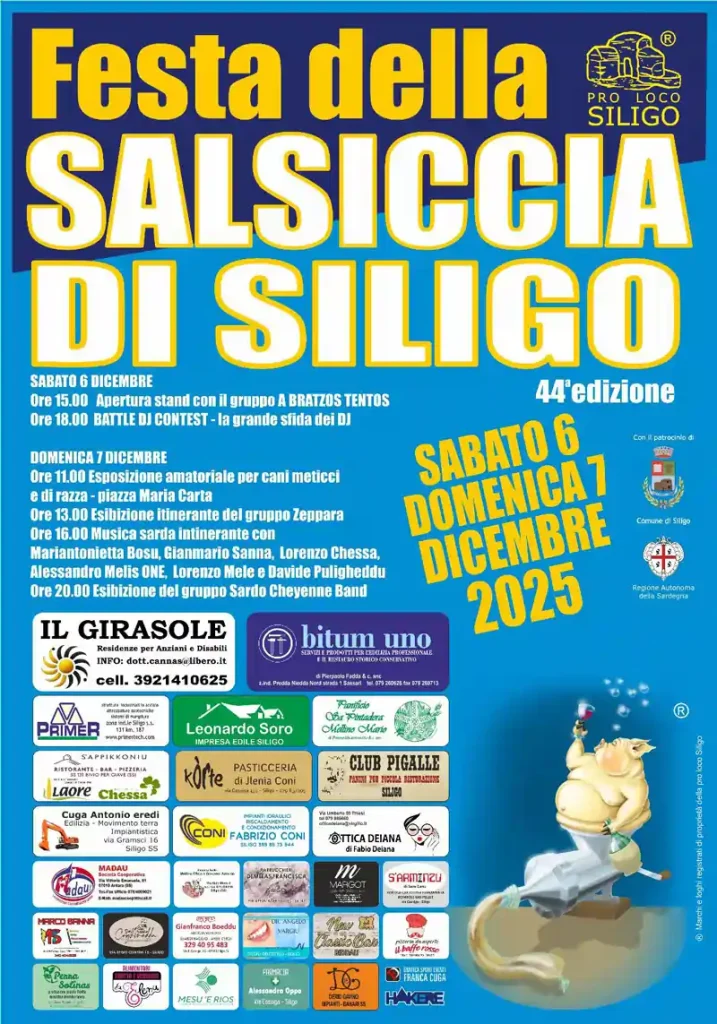 Sagra salsiccia Siligo 2025, manifesto con programma, date e orari | In Sardegna con Dani