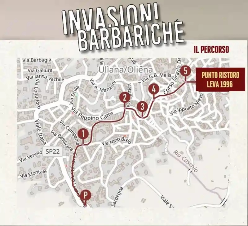 Cartina stradale di Oliena con il percorso della sfilata delle maschere tradizionali | In Sardegna con Dani