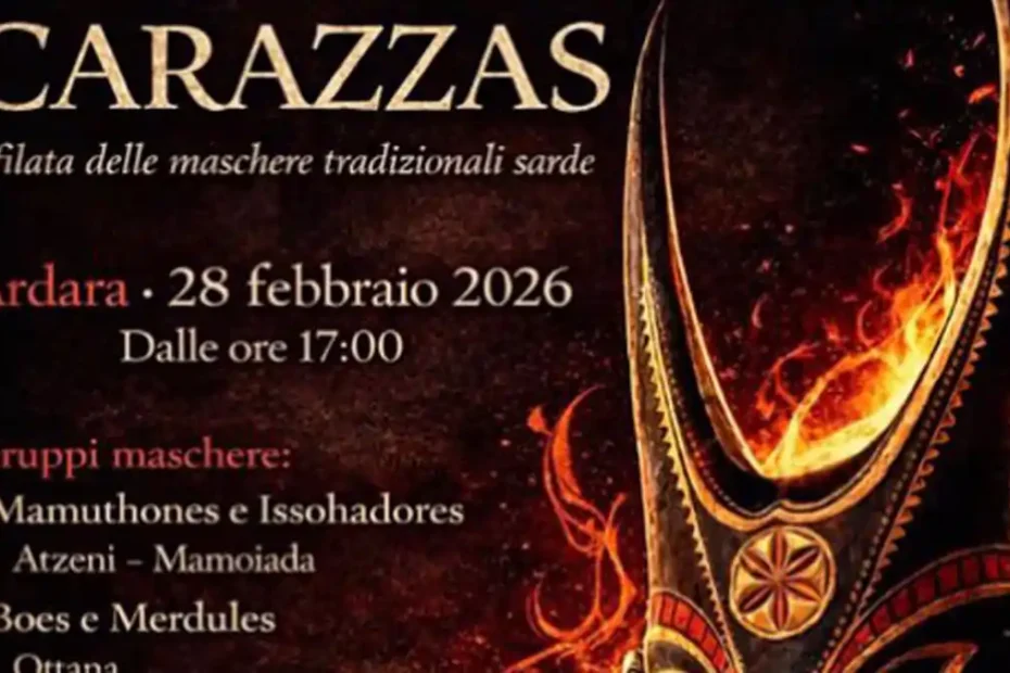 Carazzas Ardara 2026, manifesto ufficiale con data e maschere partecipanti | In Sardegna con Dani