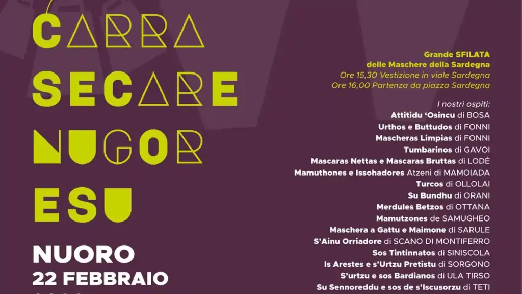 Carrasecare Nugoresu Nuoro 2026, manifesto con data, programma e gruppi partecipanti alla sfilata | In Sardegna con Dani