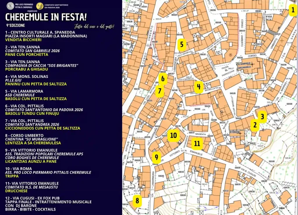 Cartina stradale di Cheremule e mappa di stand e cantine per Cheremule in Festa 2026 | In Sardegna con Dani