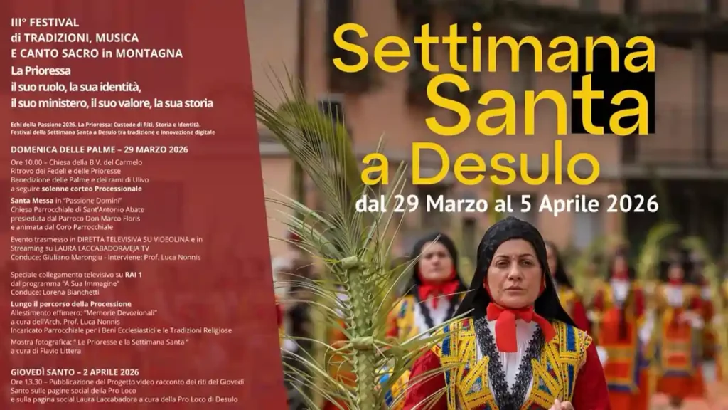 Programma Domenica delle Palme e Settimana Santa 2026 a Desulo, manifesto con foto e orari | In Sardegna con Dani