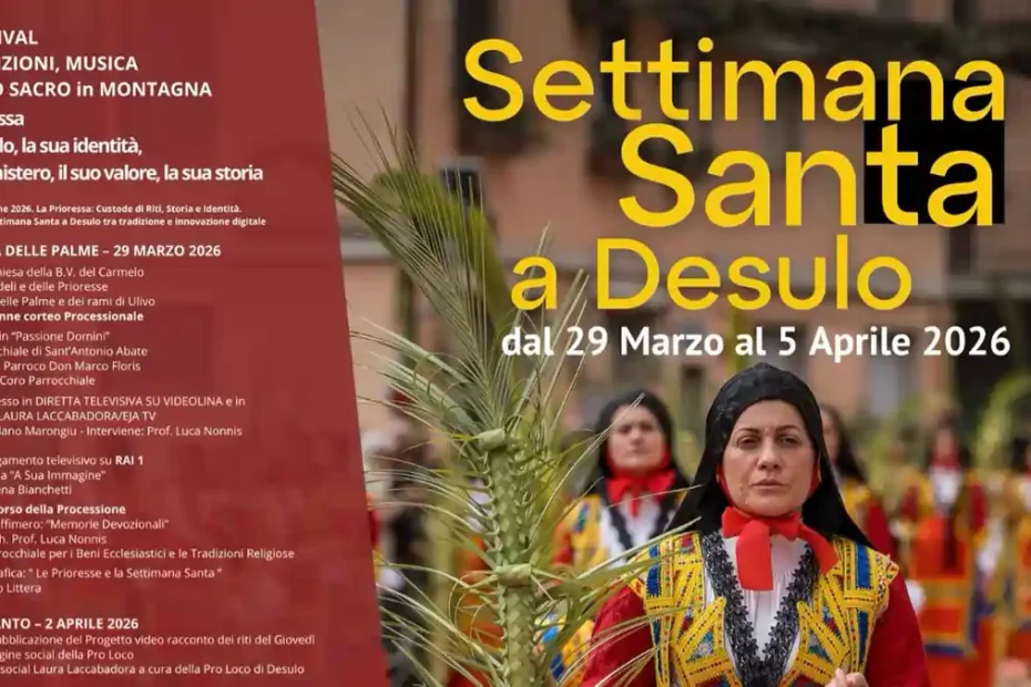 Programma Domenica delle Palme e Settimana Santa 2026 a Desulo, manifesto con foto e orari | In Sardegna con Dani