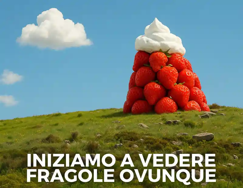 Nuraghe di fragole e panna, parte della gustosa campagna di comunicazione dello scorso anno per la Sagra della fragola di Arborea | In Sardegna con Dani