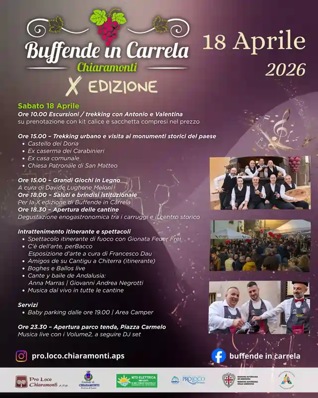 Buffende in Carrela Chiaramonti 2026, locandina con il programma ora per ora | In Sardegna con Dani