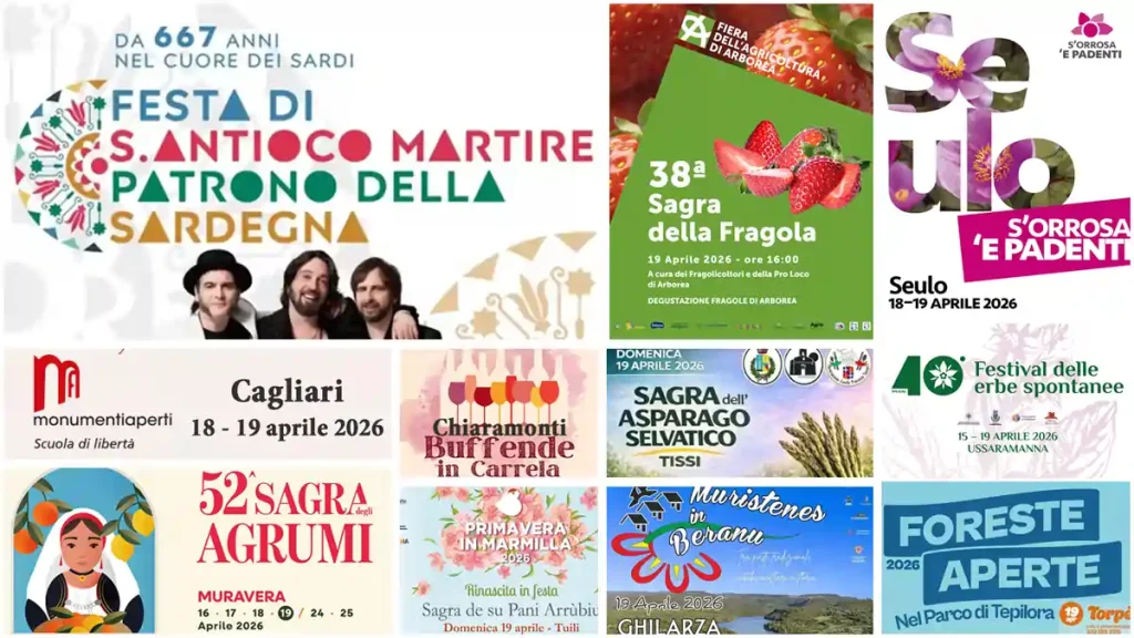 Eventi e sagre 17, 18, 19 aprile 2026 in Sardegna, programma e manifesti | In Sardegna con Dani