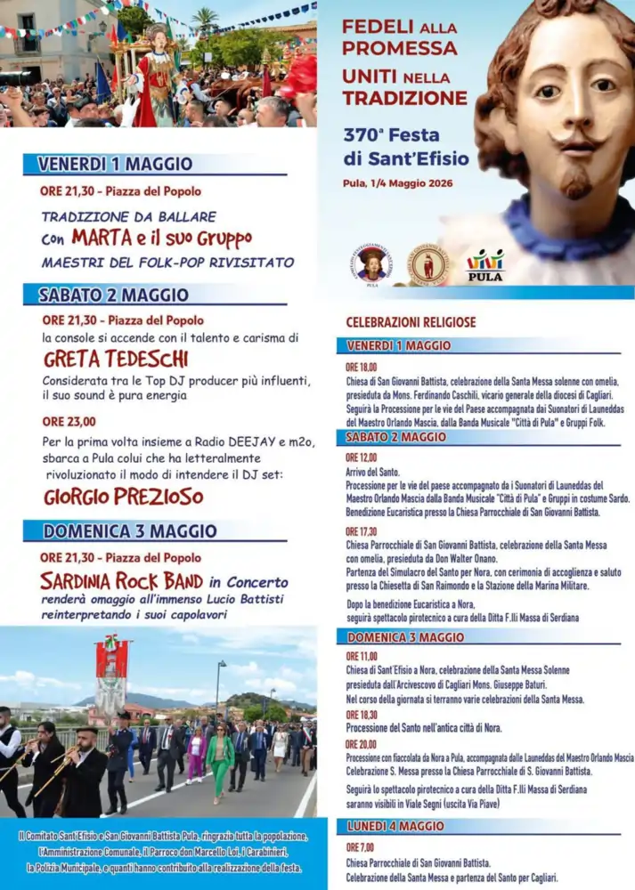 Festa Sant'Efisio Pula 2026, manifesto con il programma religioso e civile | in Sardegna con Dani