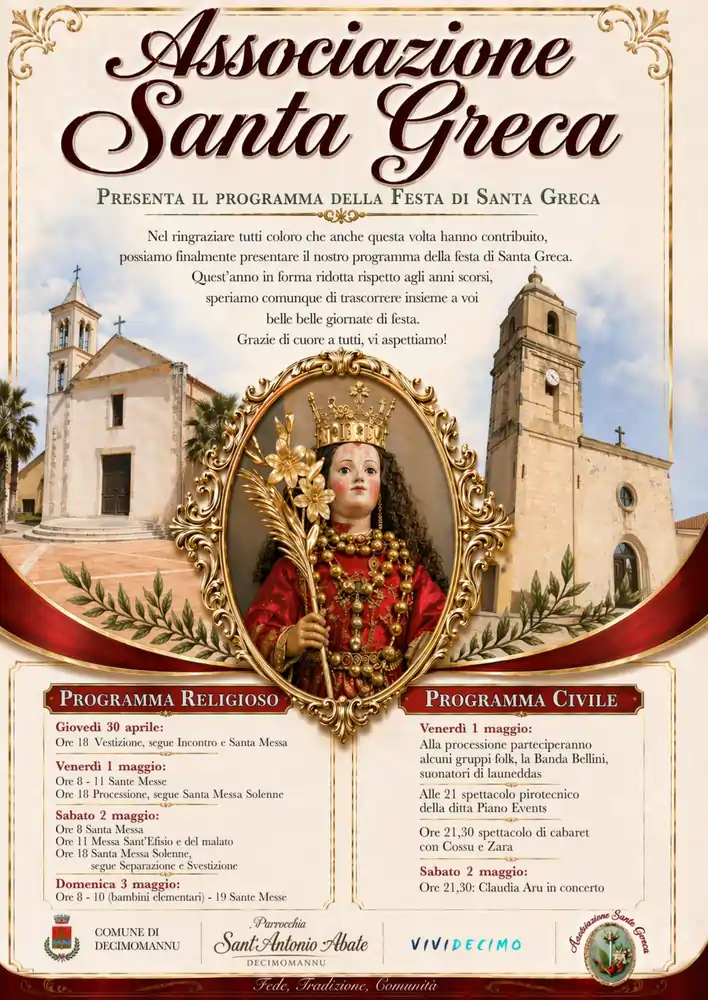 Festa Santa Greca di Maggio 2026 a Decimomannu, manifesto con il programma completo | In Sardegna con Dani