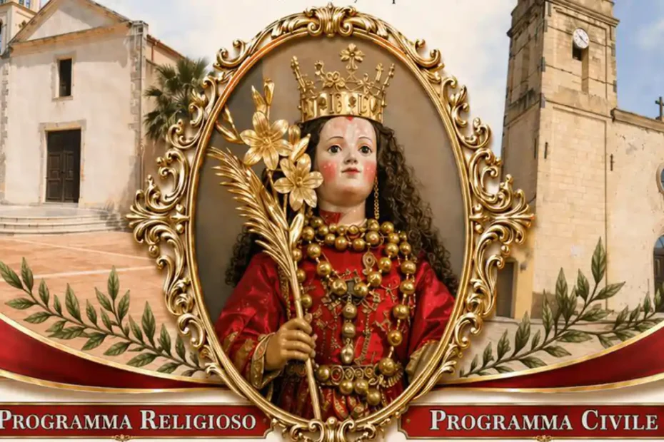 Festa Santa Greca di maggio 2026 a Decimomannu, estratto dal manifesto ufficiale, con le due chiese del paese e il simulacro della Santa | In Sardegna con Dani