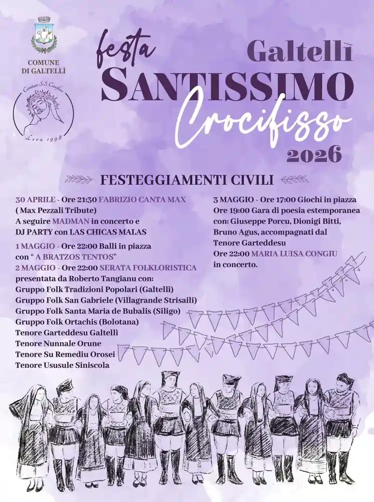 Festa Santissimo Crocifisso Galtellì 2026, manifesto con il programma ufficiale | In Sardegna con Dani