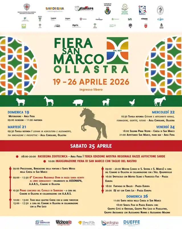 Fiera San Marco Ollastra 2026, manifesto con il programma dettagliato | In Sardegna con Dani