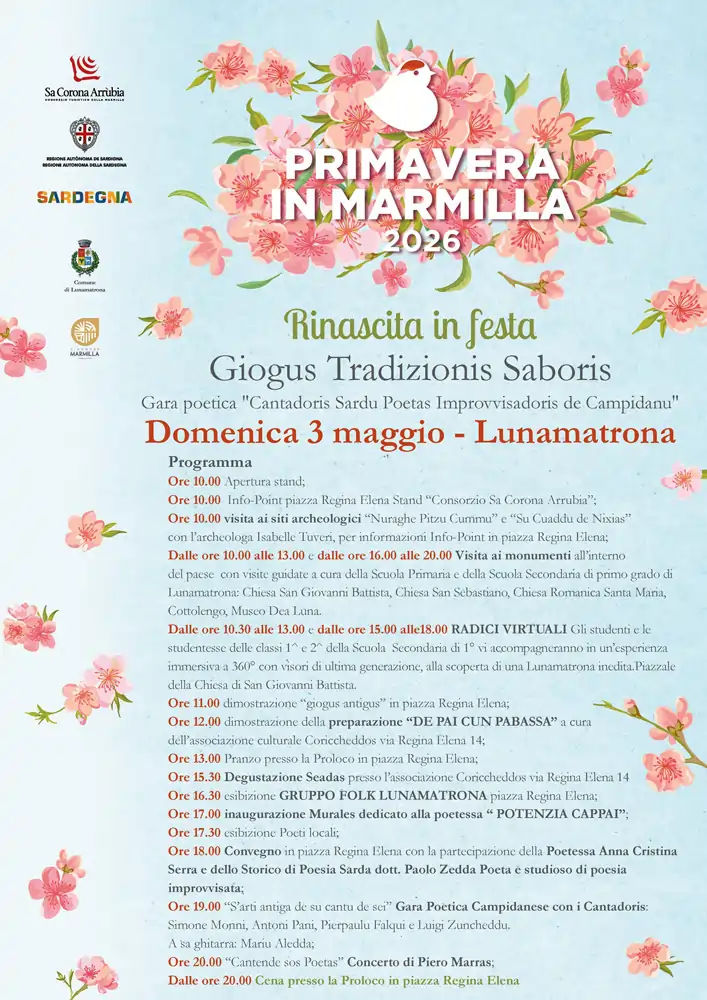 Primavera in Marmilla Lunamatrona 2026, manifesto con il programma ufficiale dell'evento | In Sardegna con Dani