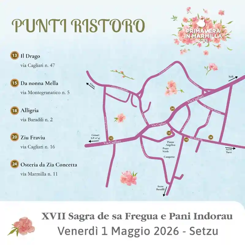 Sagra de sa fregua e pani indorau Setzu 2026, cartina del paese con la mappa dei punti ristoro | In Sardegna con Dani