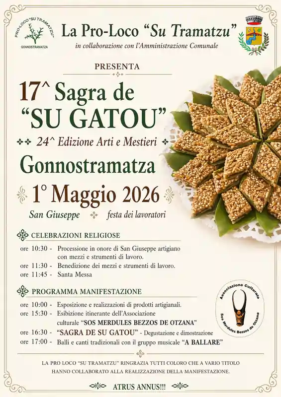Sagra Gatou Gonnostramatza 2026, manifesto ufficiale con il programma completo, religioso e civile | In Sardegna con Dani