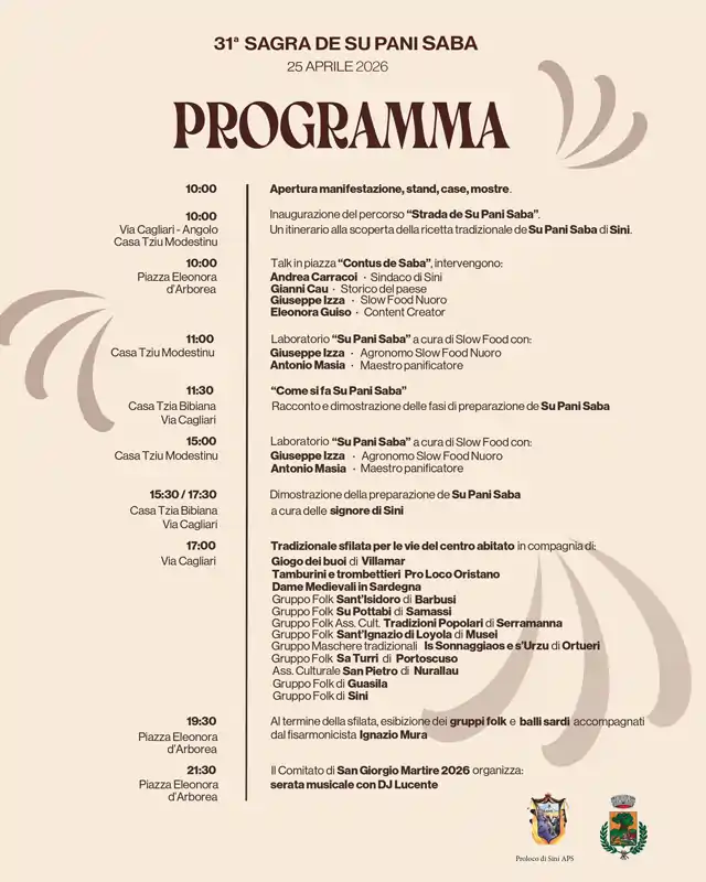 Sagra de pani saba Sini 2026, manifesto con il programma dettagliato (se non lo leggi bene lo trovi qui sotto in formato testo) | In Sardegna con Dani
