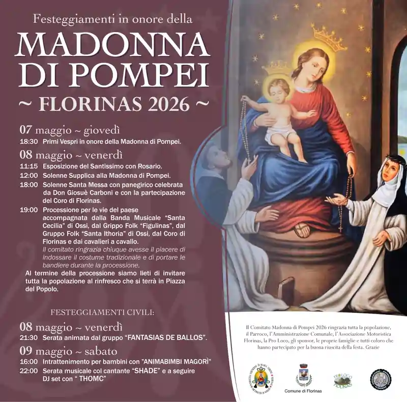 Festa Madonna di Pompei Florinas 2026, programma ufficiale | In Sardegna con Dani