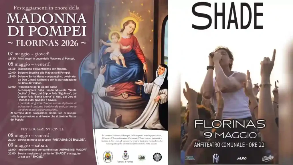 Festa Madonna di Pompei Florinas 2026, manifesto con date, programma e cantanti | In Sardegna con Dani