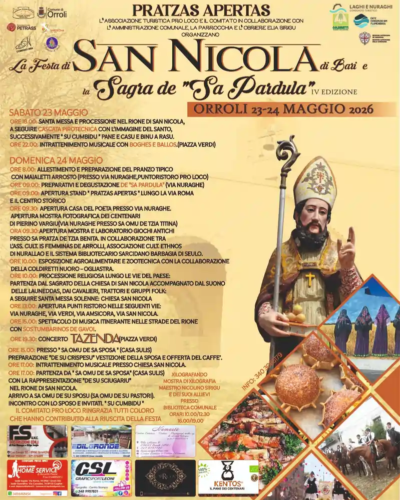 Programma completo e ufficiale dei festeggiamenti religiosi e civili per San Nicola, della Sagra de sa Pardula e di Partzas Apertas 2026 a Orroli | In Sardegna con Dani