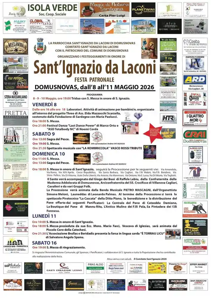 Festa di Sant'Ignazio da Laconi a Domusnovas 2026, manifesto con il programma completo, religioso e civile | In Sardegna con Dani