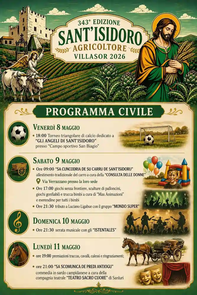 Festa di Sant'Isidoro Villasor 2026, programma civile | In Sardegna con Dani