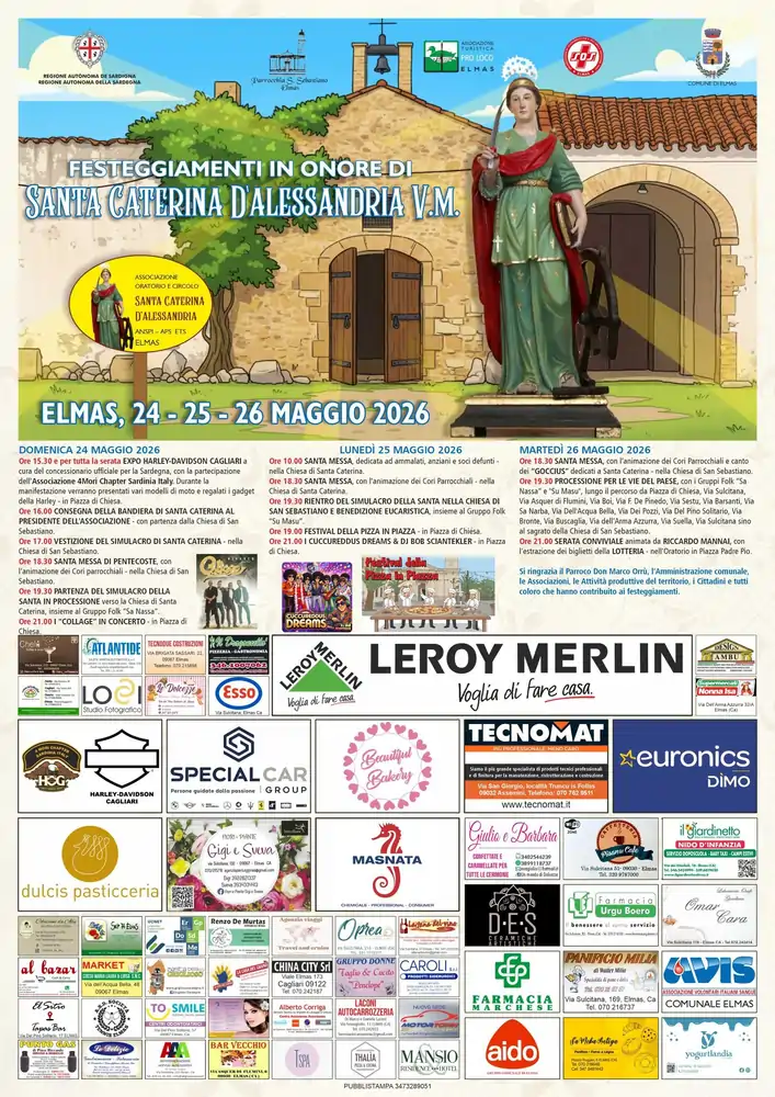 Festa Santa Caterina Elmas 2026, manifesto con il programma completo, religioso e civile | In Sardegna con Dani