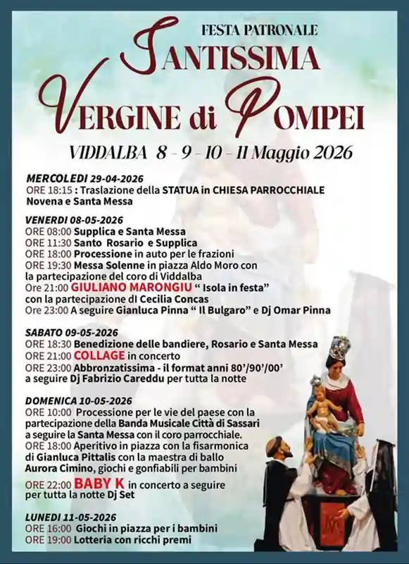 Festa Vergine di Pompei Viddalba 2026, programma ufficiale | In Sardegna con Dani