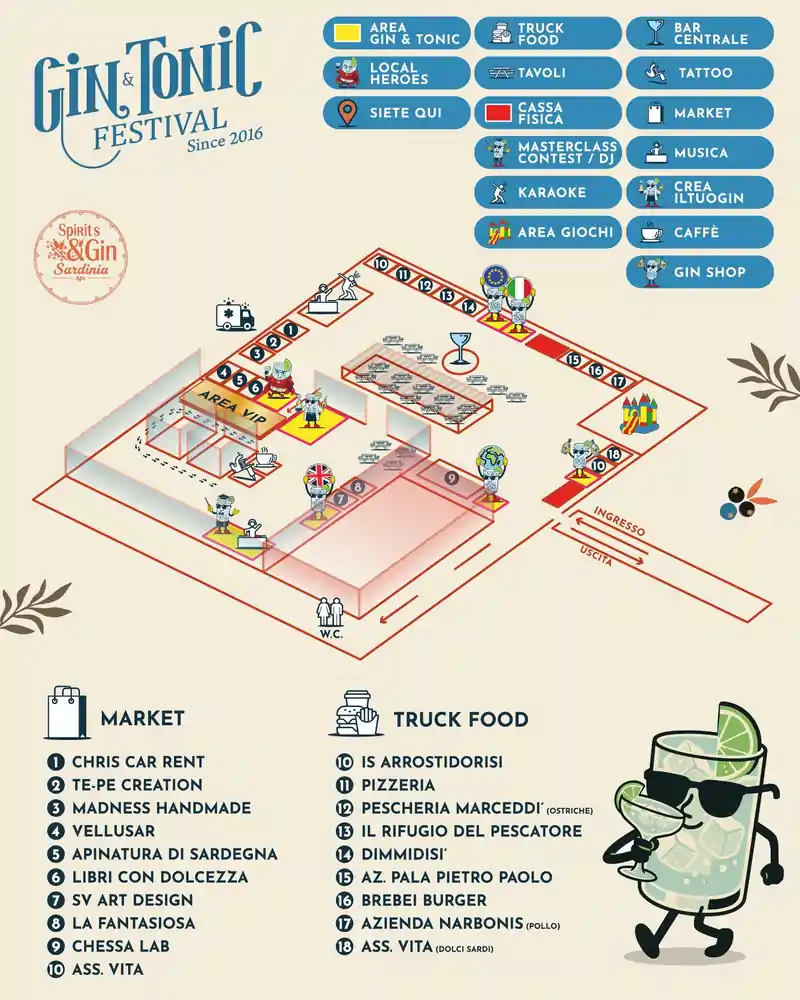 Gin Tonic Festival Sardegna a Marrubiu, mappa dell'evento e dei servizi e punti ristoro disponibili | In Sardegna con Dani