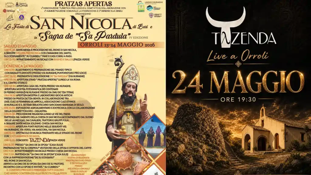 Pratzas Apertas Orroli 2026 per la festa di San Nicola, con il concerto dei Tazenda, manifesti | In Sardegna con Dani