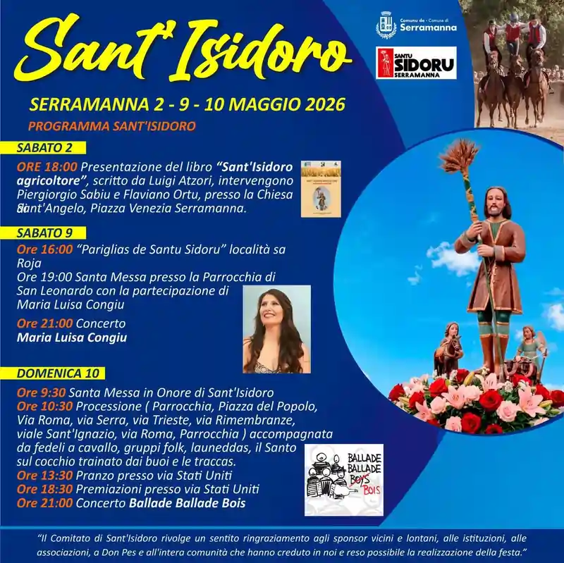 Festeggiamenti per Sant'Isidoro Agricoltore 2026 a Serramanna, programma civile | In Sardegna con Dani