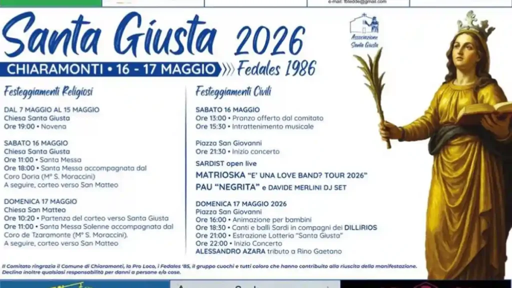Festa di Santa Giusta 2026 a Chiaramonti, manifesto con date e programma | In Sardegna con Dani