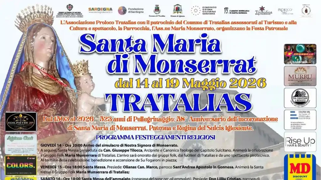 Festa Santa Maria Monserrat Tratalias 2026, estratto del manifesto con date e programma | In Sardegna con Dani